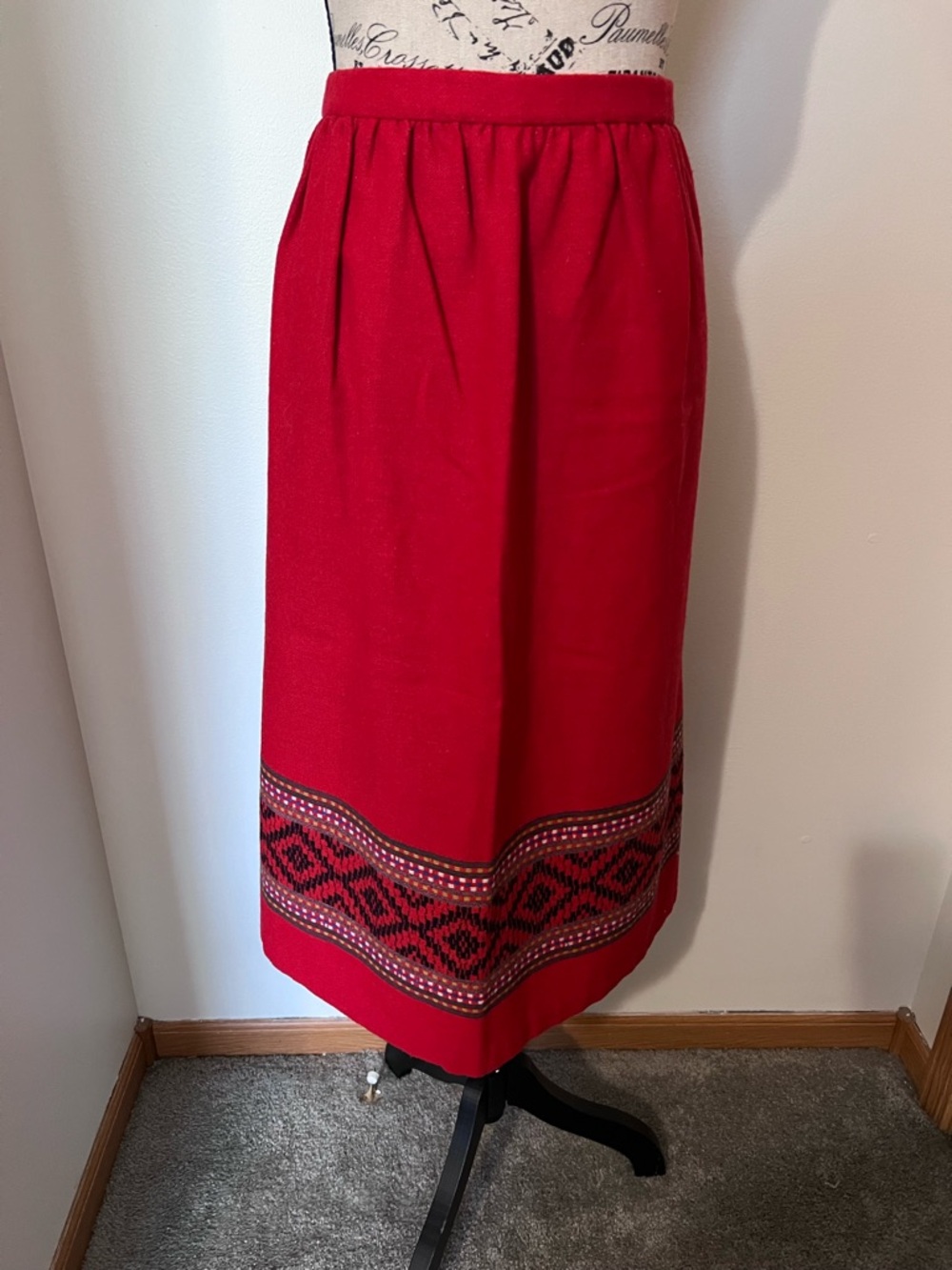 Vintage Red Wool Blend Geometric Folk Art Midi Skirt/Woven Border Aesthetic